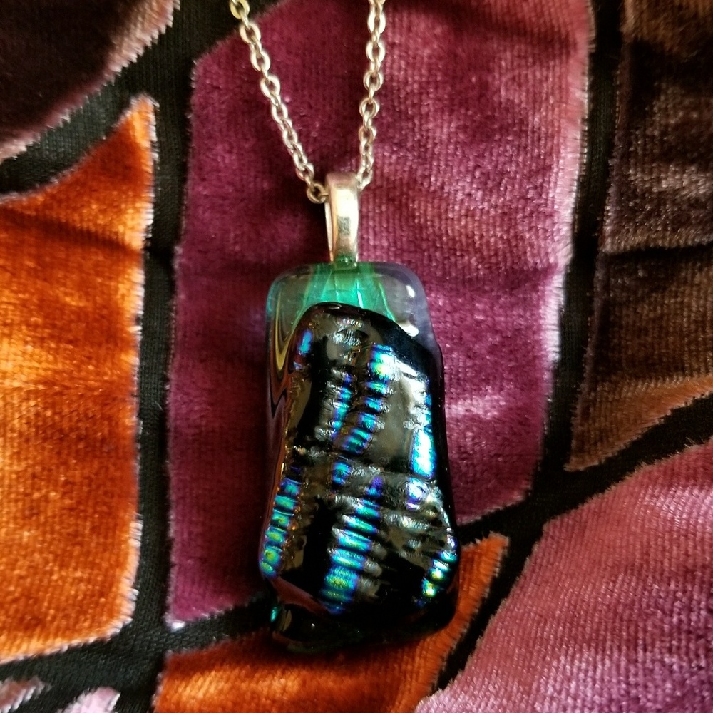 Relisted- Dichroic Glass necklace black blue green silver - Picture 3 of 8